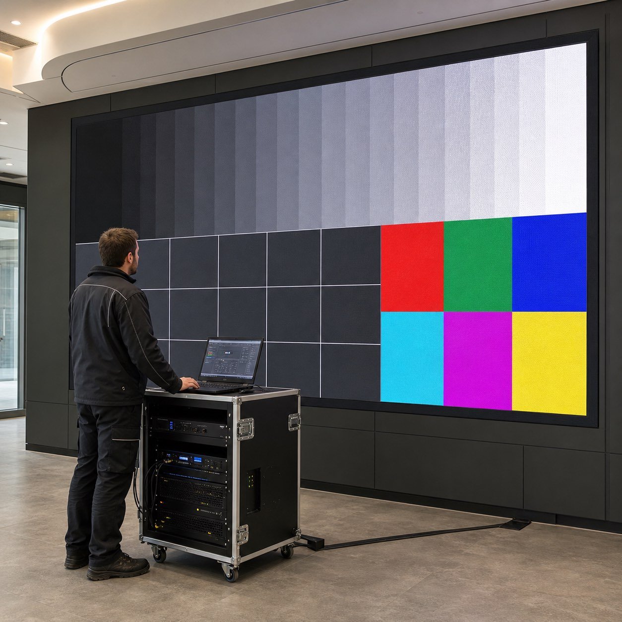 Technician commissioning an installed LED display with test patterns and control equipment