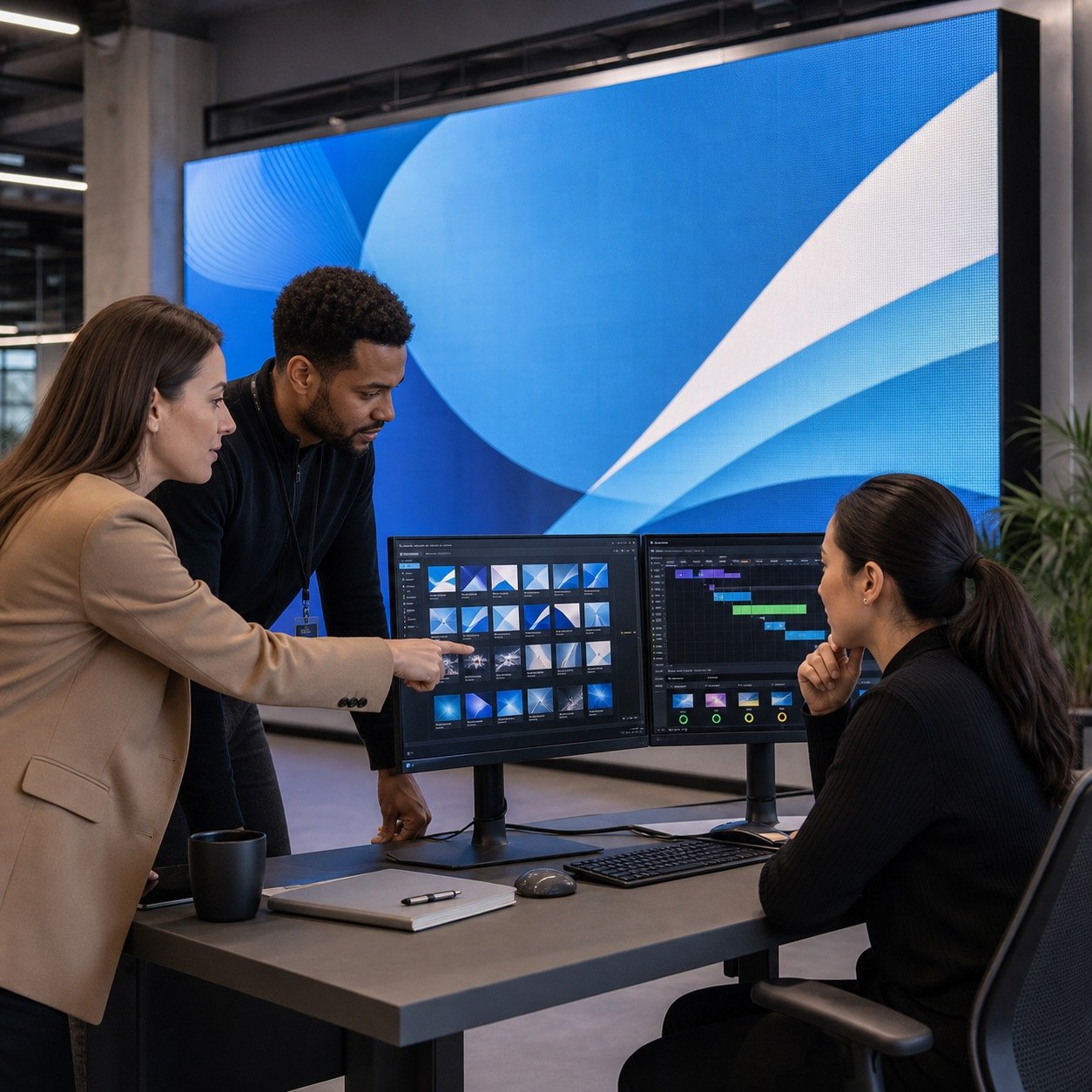 Marketing and AV teams reviewing an LED display content publishing workflow