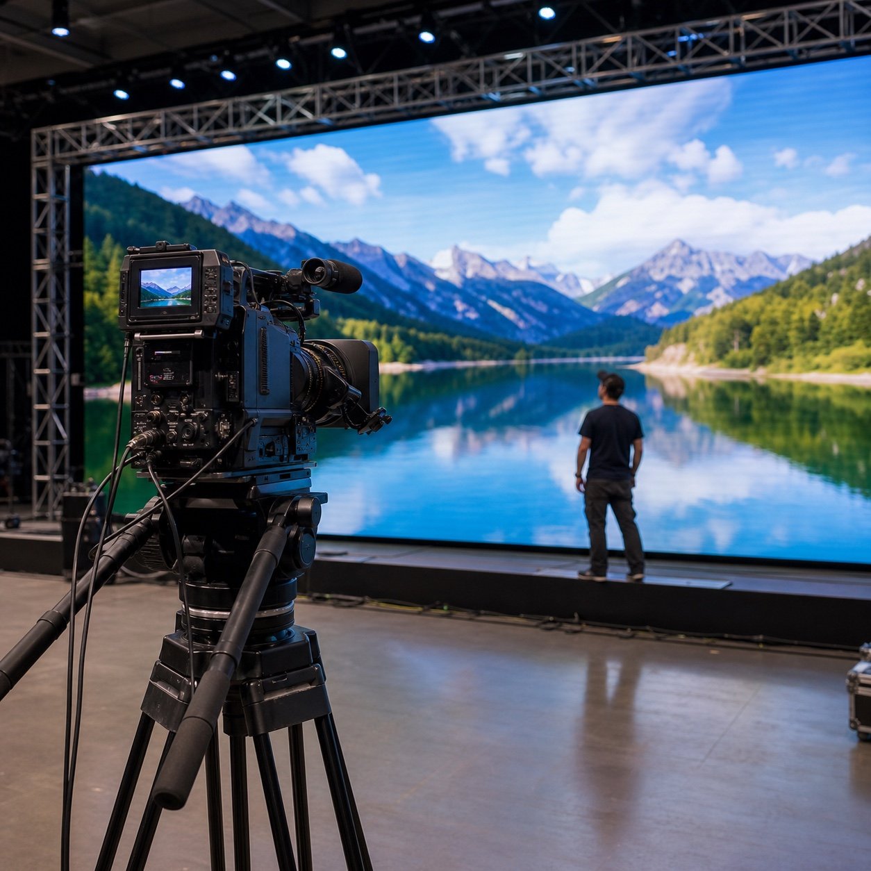 Broadcast camera filming a high refresh rate LED display during a technical rehearsal