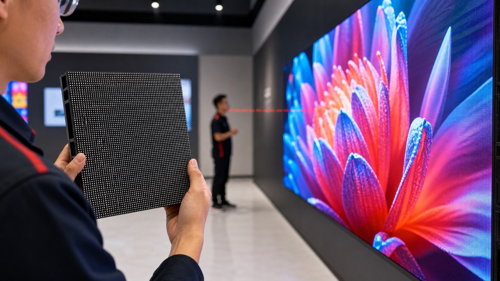 Technician holding LED module in showroom for pixel pitch and viewing distance selection