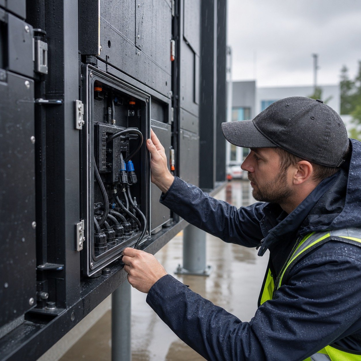 Engineer inspecting weather-protection details on an outdoor LED display cabinet