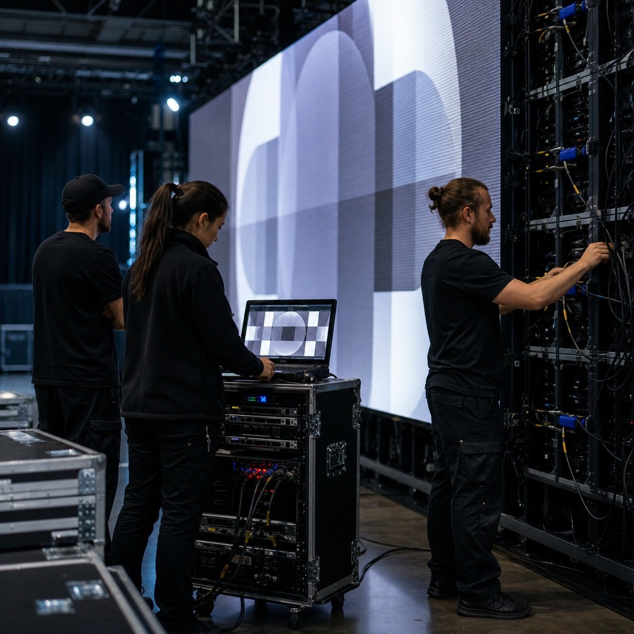 Event technicians completing a pre-show check on a rental LED display wall