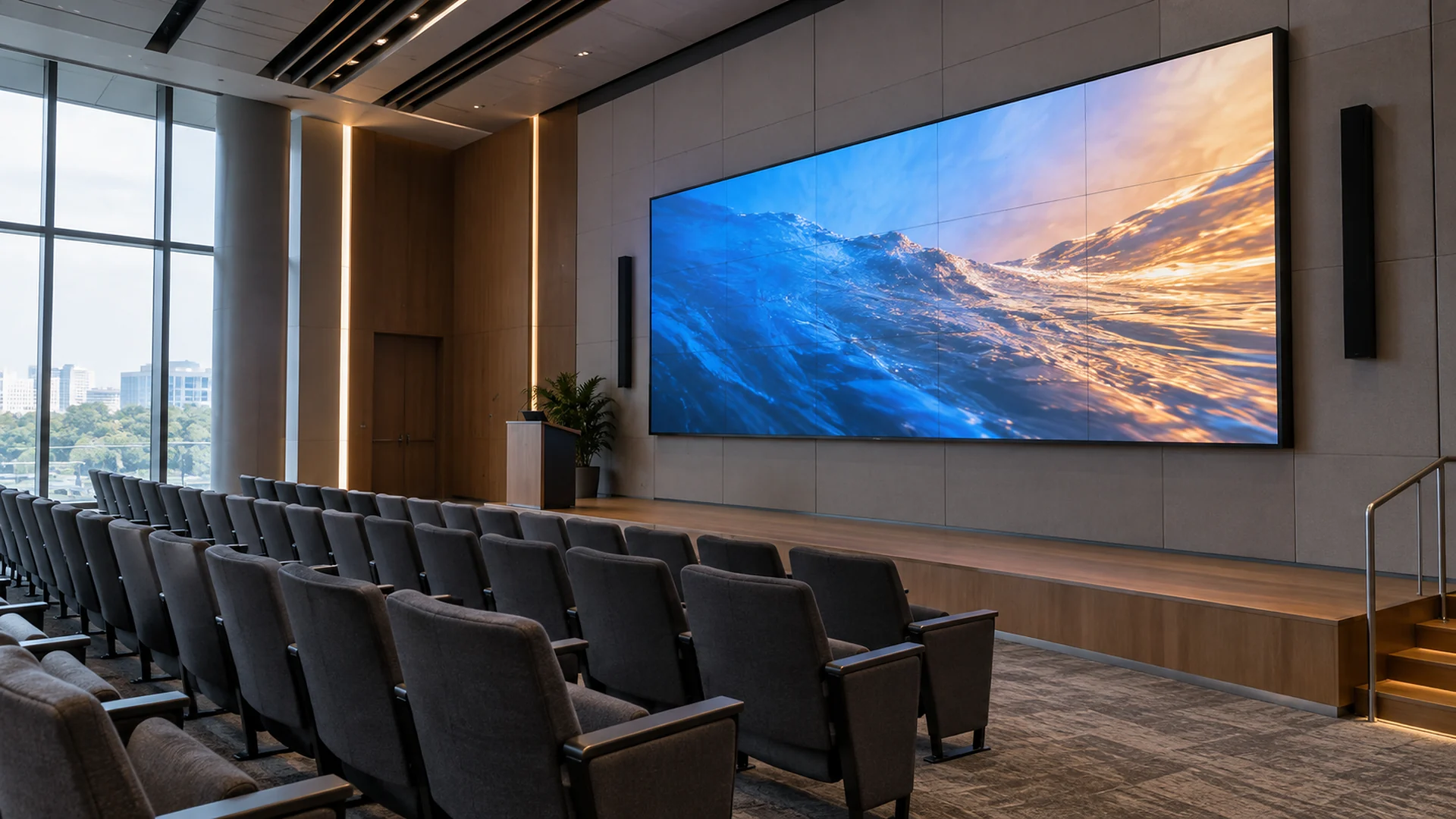 Wide indoor LED wall viewed from a side seating area in a corporate auditorium