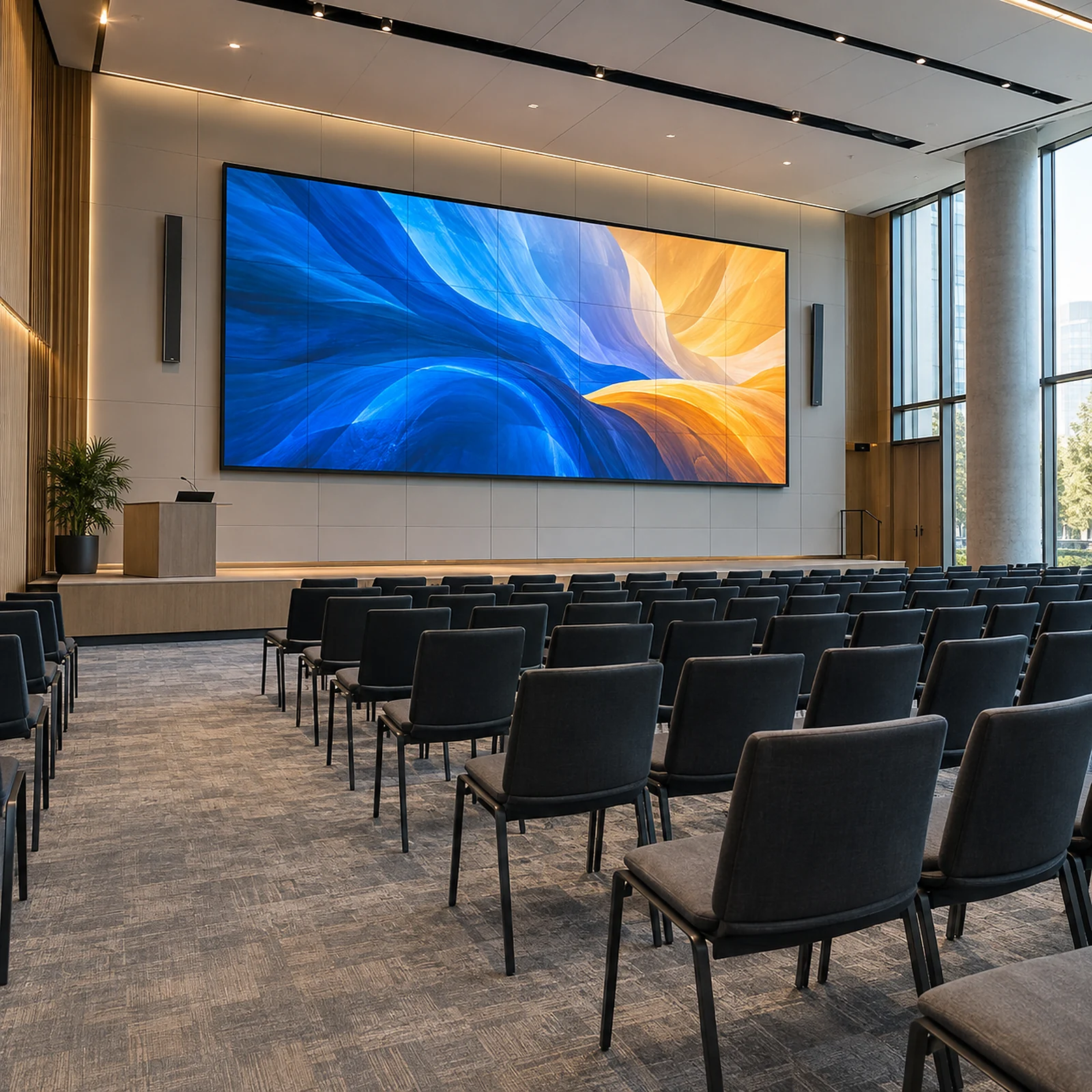 Corporate auditorium with a wide LED wall and seating distributed across central and side viewing positions